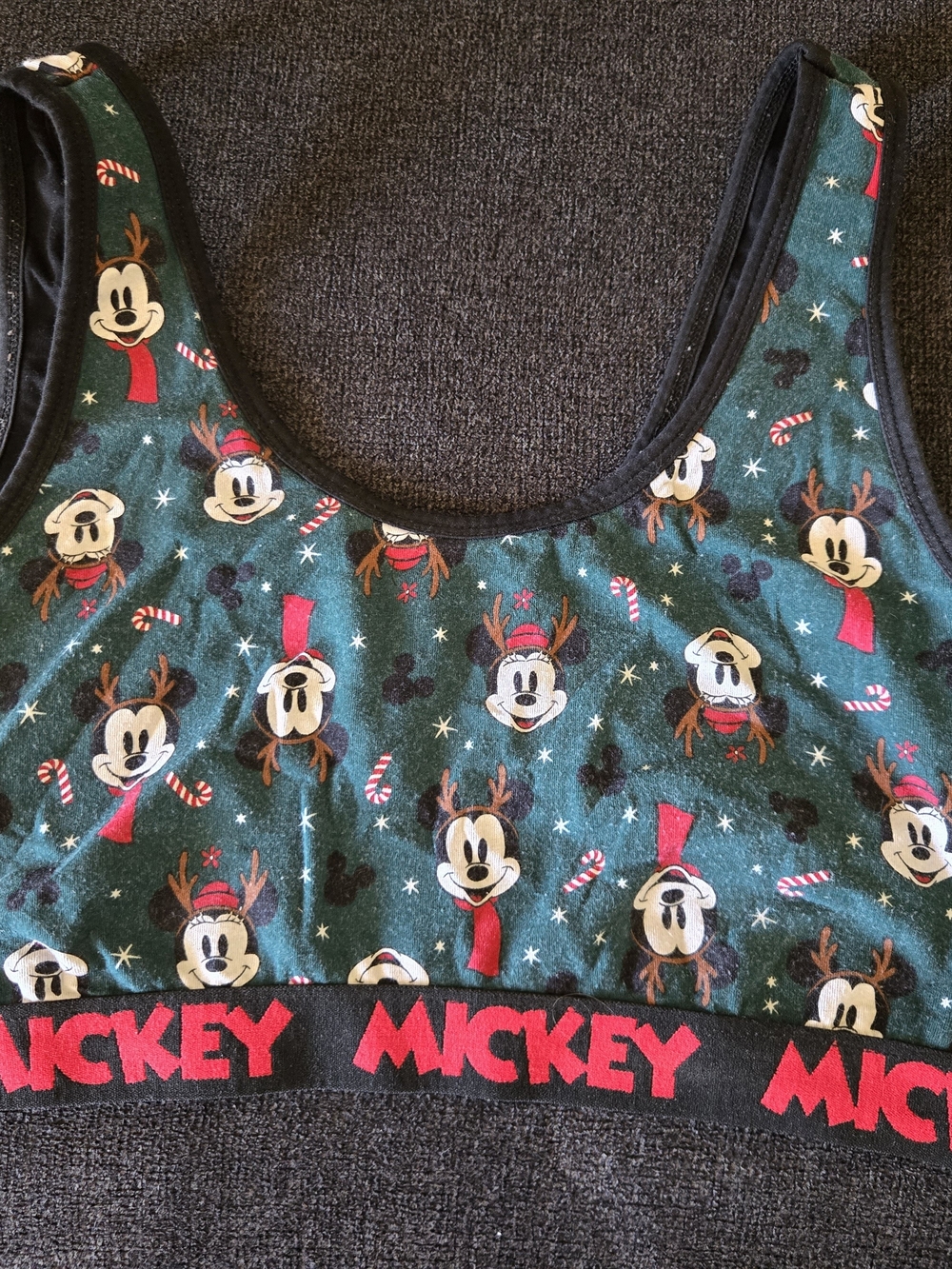 Mickey Mouse Holiday Sports Bra - Green & Black with Red Accents